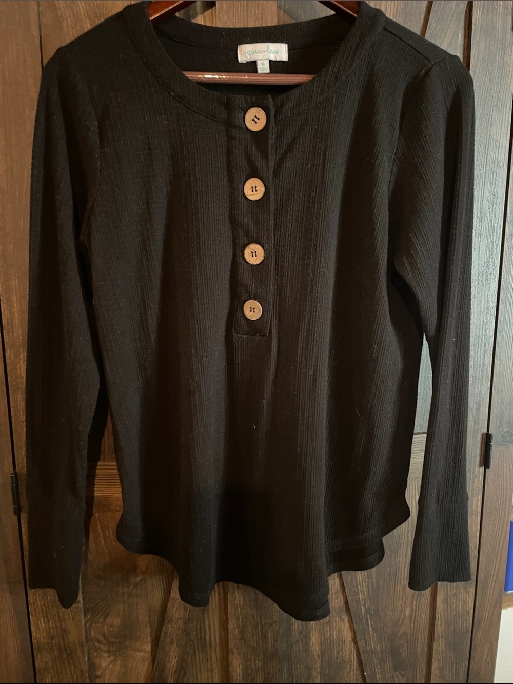 Grace & Lace Black Ribbed Long Sleeve Henley with Wood Buttons